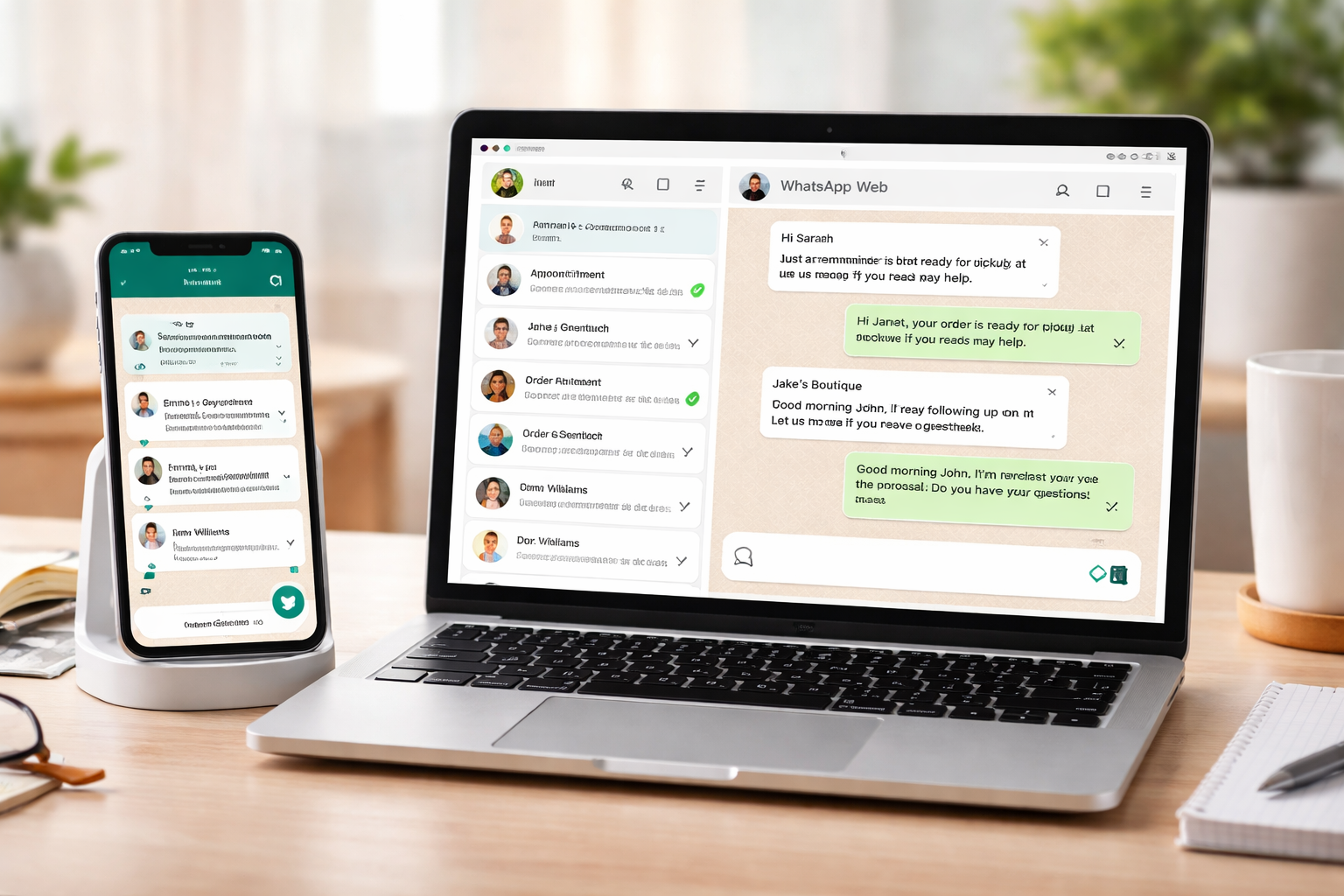 Business-focused WhatsApp message scheduling workflow across phone and desktop